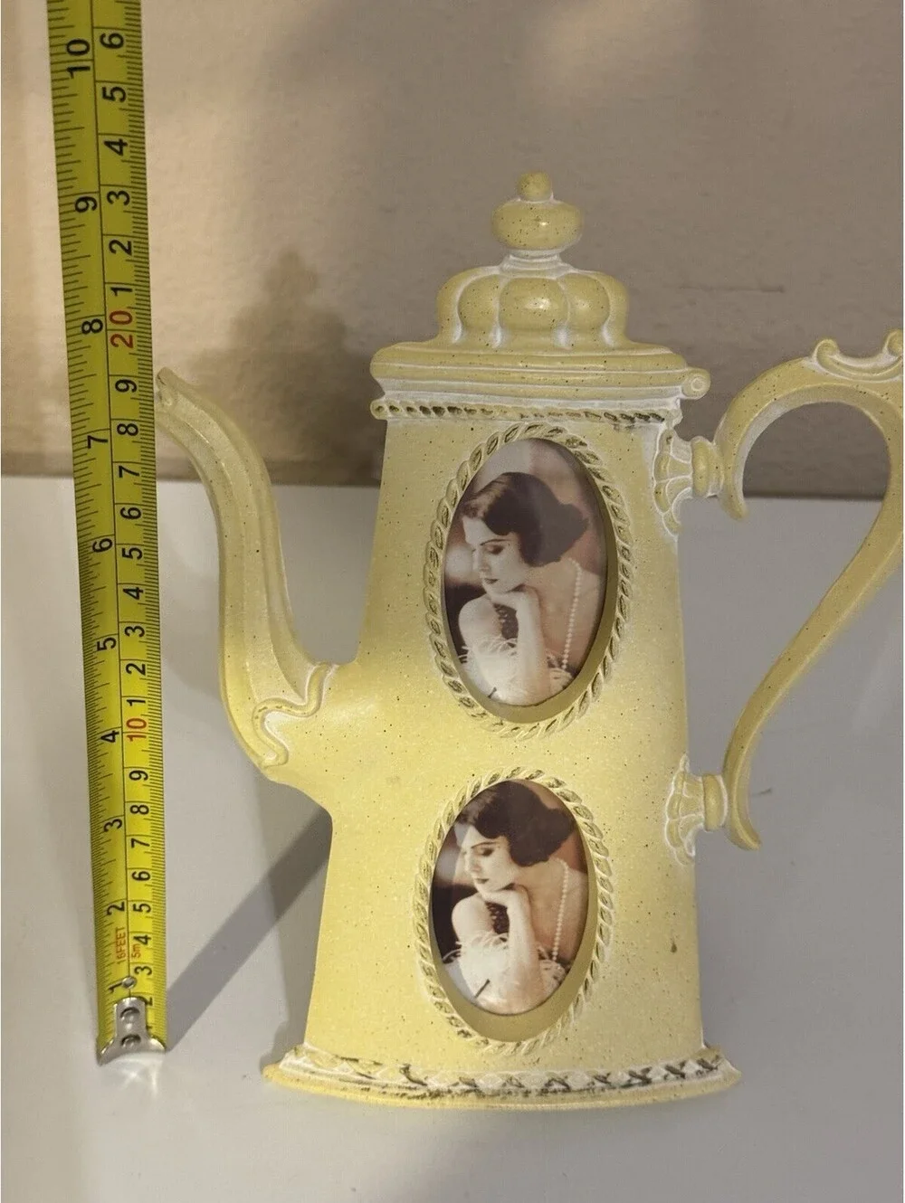 Vintage Yellow Teapot Novelty  Double Oval Photo Frame Stand Holds 2, 2x4 in